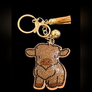 Gold and Brown Rhinestone Baby Cow Bag Charm Keychain
